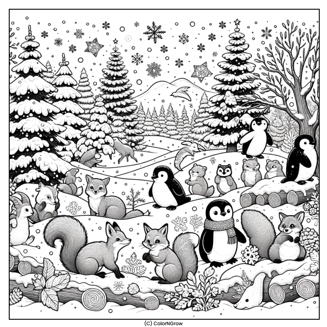 🐧❄️ Cheerful Winter Animals Coloring Page